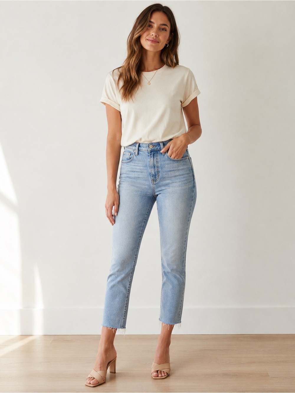 PAIGE Sarah Slim Crop Jeans 28 Park Ave Light Wash High Rise Raw Hem